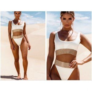 Nwt Cream Diamante Scoop Neck Bikini Top & bottom top 14 bottoms 10 rhinestone s